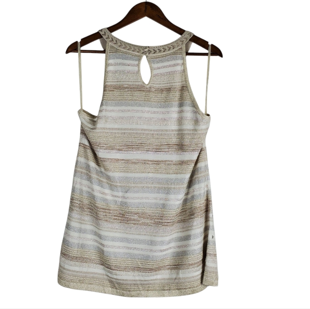 WHITE HOUSE BLACK MARKET Sleeveless Knit Tank Top Beige Crochet Neck Boho Stripe - Picture 5 of 10